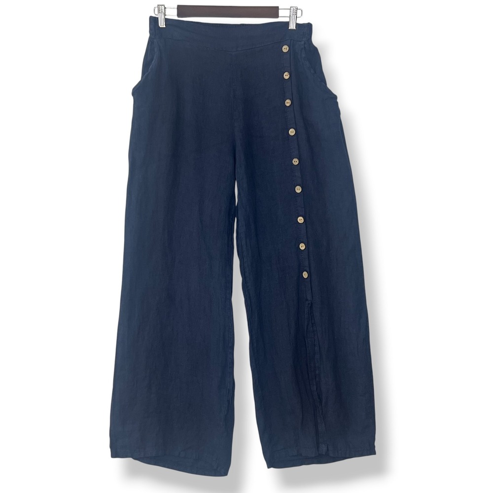 Linen Luv Wide Leg Pants L 100% Linen Navy Blue Side Button Slit Italy Lagenlook